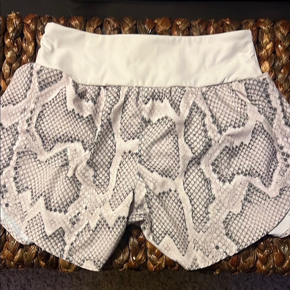 Varley White and Gray Athletic Shorts with Snakeskin Print